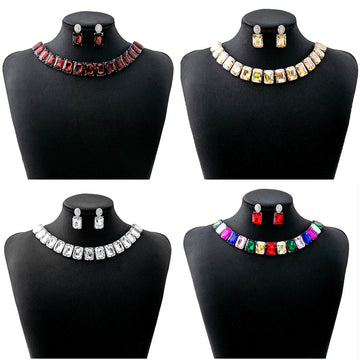 Four Color Rectangular Crystal Look Necklace and Earring Sets