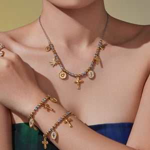 Shell Badge and Cross Necklace and Bracelet in Mixed Colors