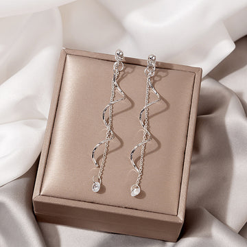 Silver and Gold Wavy Bar Chain Clear Drop Earrings
