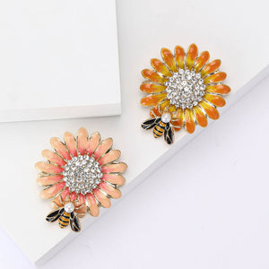 Pink or Yellow Enamel Bee and Sunflower Brooch, Crystal Center