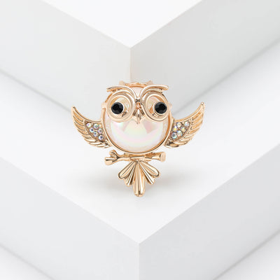 Small Owl Brooch with Faux Pearl Body displayed from the front