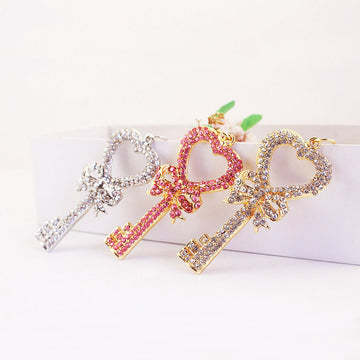 Rhinestone Heart Key-Shaped Metal Keychain in Four Color Options