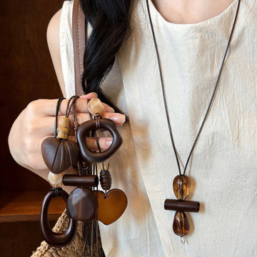 Brown Wood Geometric Pendant Cord Necklaces Jewelry Accessory