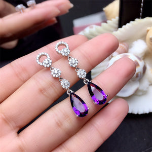 Purple Teardrop Crystal Long Earrings in Silver Tone
