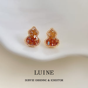 Champagne Orange Crystal Gourd Stud Earrings CZ Halo