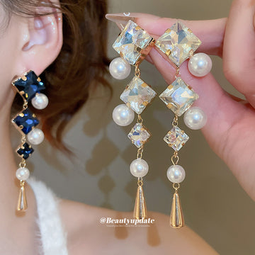 Blue White Crystal Diamond Pearl Long Drop Stud Earrings