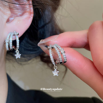 Silver Crystal Triple Hoop Star Drop Earrings Decorative Jewelry