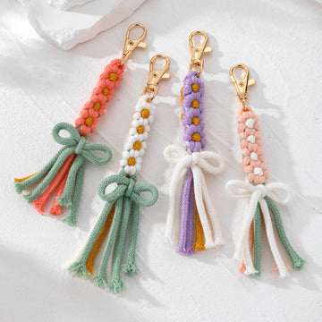 Gold Tone Woven Daisy Bow Tassel Clip Keychains in Four Colors