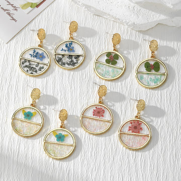 Gold Geometric Half-Circle Resin Dried Flower Drop Earrings