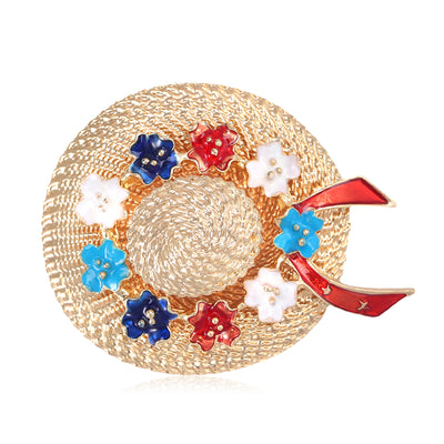 Woven Look Floral Sun Hat Brooch with Ribbon in Two Colorways grouped product view