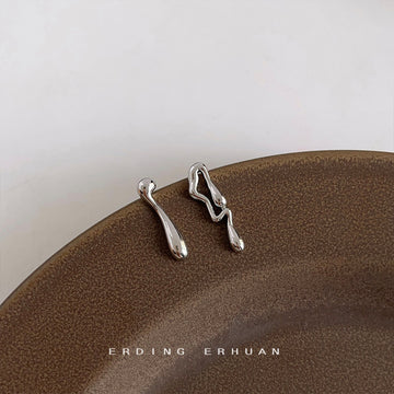 Silver Asymmetric Liquid Metal Teardrop Mismatched Studs