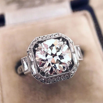 Antique Silver Round Halo Crystal Ring in Polished Metal