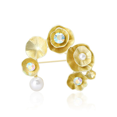 Matte gold flower cluster brooch with pearl and AB stones