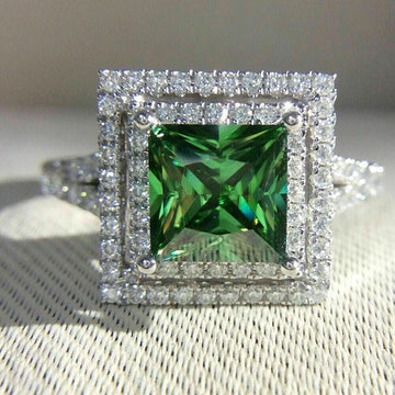 Silver Tone Green Square Crystal Double Halo Ring Polished Metal Jewelry