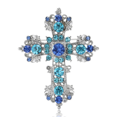 Ornate Crystal Cross Brooch in Blue or Black Stones shown from the front on a white background