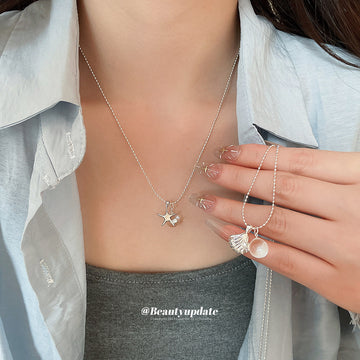 Silver Tone Coastal Pendant Necklaces with Shell and Starfish Charms