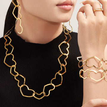 Gold Open Heart Link Necklace Bracelet Drop Earrings