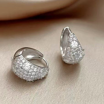 Silver Tone Clear Pave Teardrop Huggie Hoop Earrings