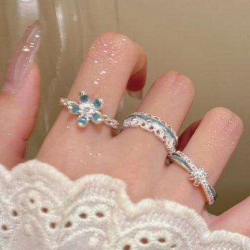 Silver Blue Enamel Open Rings Flower Lace Cross Styles