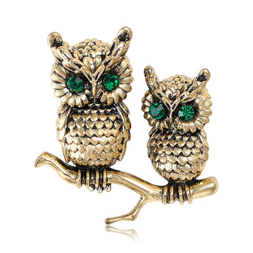 Two Textured Owl Branch Brooch With Green Crystal Eyes