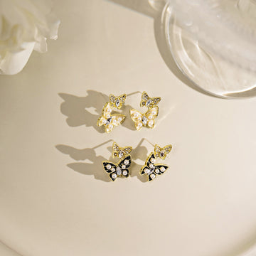 Gold Butterfly Stud Earrings Pearl Crystal White Black