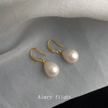Gold Fishhook Teardrop White Iridescent Pearl Drop Earrings