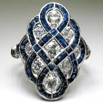 Deep Blue Enamel Interlaced Art Deco Statement Ring Silver Tone