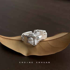 Silver Tone Sculpted Buddha Face Adjustable Open Ring For Women