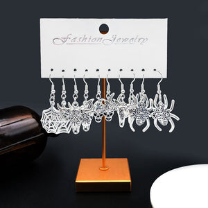 Five-Pair Antique Silver Bull Skull Spider Halloween Earring Collection