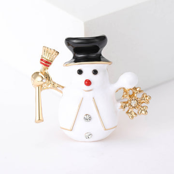 White Enamel Snowman Brooch Black Hat Gold Snowflake