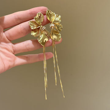 Sculpted Petal Long Bar Tassel Earrings in Gold and Silver Tone