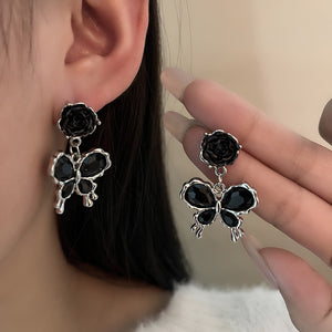 Black Rose and Butterfly Drop Stud Earrings in Silver-Tone Zinc Alloy