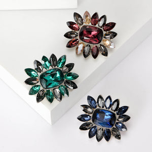 Crystal Sunburst Flower Brooch Burgundy Blue or Green Pin