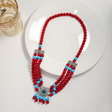 Multi Strand Bead Necklace Silver Filigree Turquoise Red