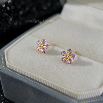 Gold Mini Purple Zircon Flower Stud Earrings Pair Set