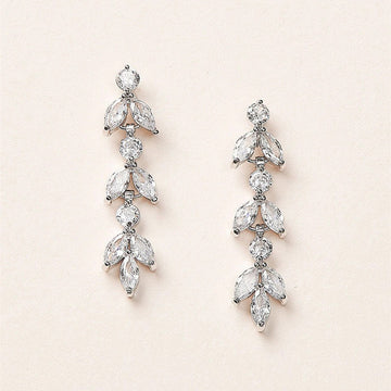 Silver Tone Graduated Leaf Drop Earrings with Clear Stones