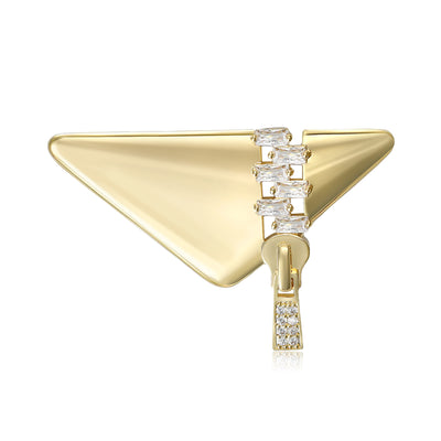 Gold triangle zipper brooch with clear stones on white background