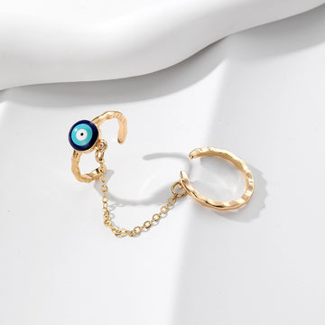 Gold Tone Evil Eye Nail Ring and Double Finger Chain Ring