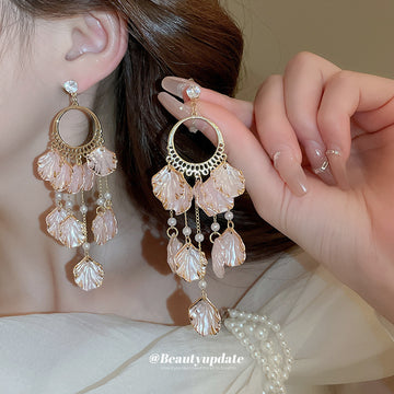 Pink Petal Chandelier Earrings With Crystal Accents