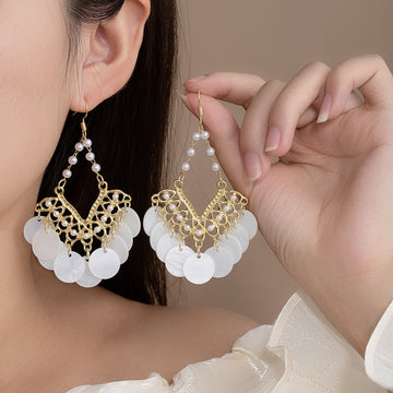 White Disc and Gold Filigree Pearl Look Hook Earrings