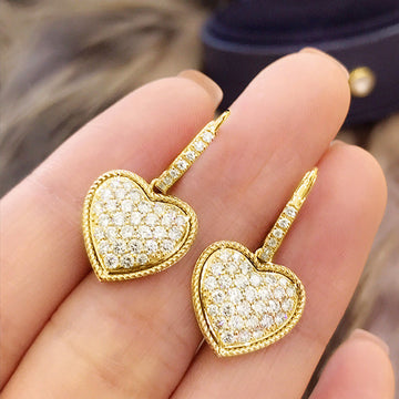 Gold Tone Pave Crystal Heart Drop Earrings