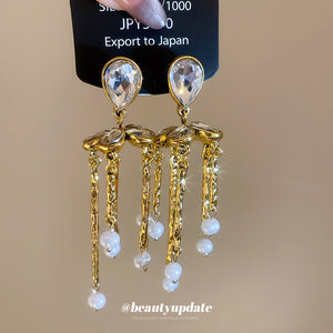 Crystal Chain and Pearl Fringe Earrings Statement Fashion Jewelry