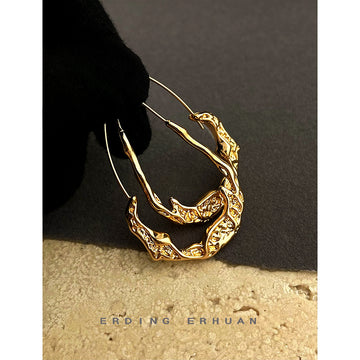 Gold Textured Wrinkle Irregular Teardrop Open Hoops