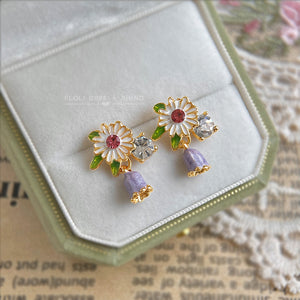 Gold-Tone Enamel Daisy Clear Stone Purple Bell Drop Earrings
