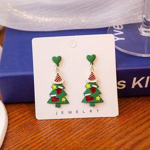 Green Christmas Tree Drop Earrings with a Santa Hat and Hearts