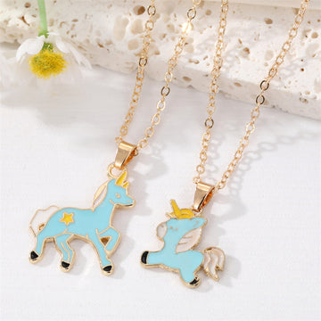 Gold Tone Blue Enamel Unicorn Pendant Necklaces in Two Designs