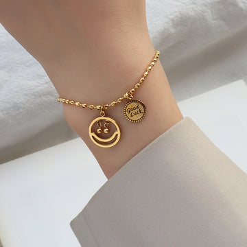 Bead Chain Smiley Good Luck Charm Bracelet Gold and Steel