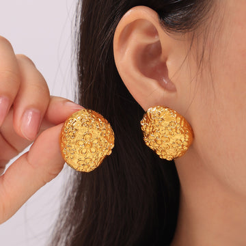 Embossed Flower Oval Stud Earrings Gold Or Steel Finish
