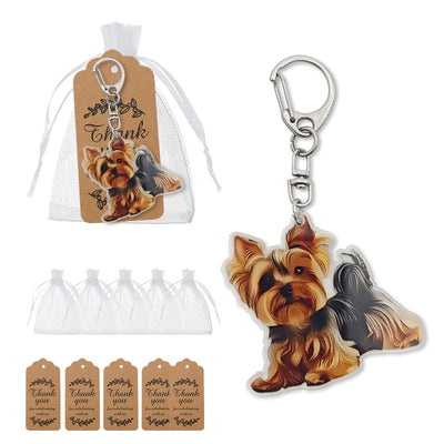 Packaging overview shows the Yorkshire terrier acrylic keychain with an organza bag and kraft tags.