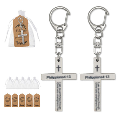Packaging overview shows the Philippians cross-tag clasp keychain with an organza bag and kraft tags.